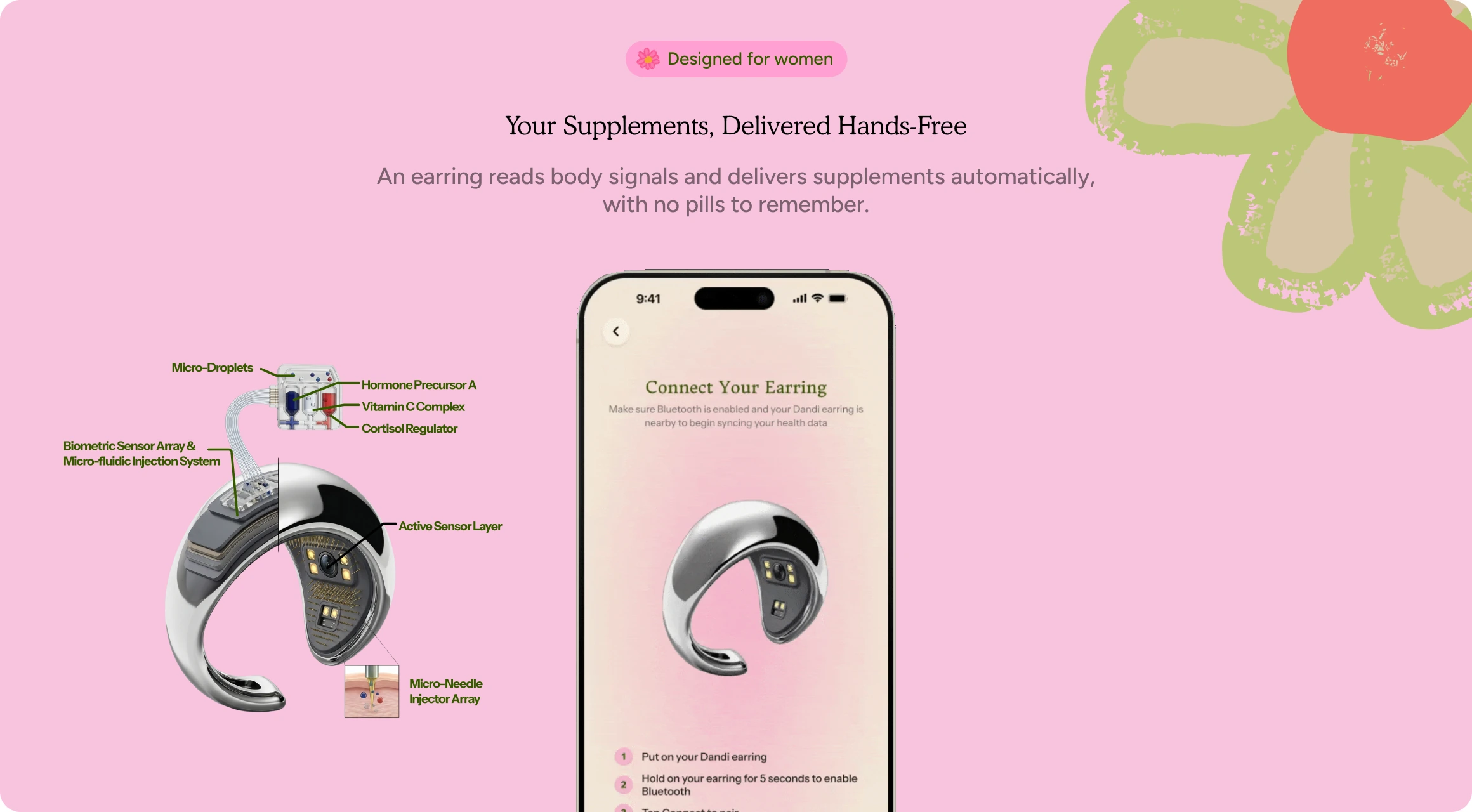 Your Supplements, Delivered Hands-Free. An earring reads body signals and delivers supplements automatically, with no pills to remember.