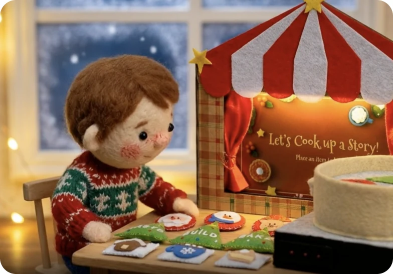 A felt puppet at a miniature kitchen table in front of a storybook reading “Let’s Cook up a Story!”, lit by a small striped stage tent.