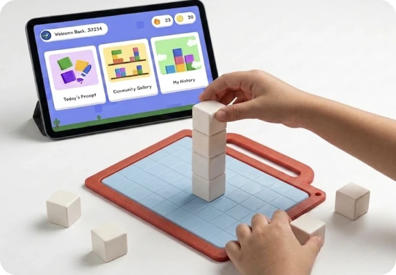 Two hands stacking wooden blocks on a red tray beside a tablet that mirrors the tower on screen.