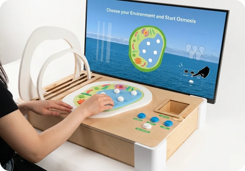 Hands on a wooden control panel of buttons and dials driving a screen that reads “Choose your Environment and Start Osmosis”.