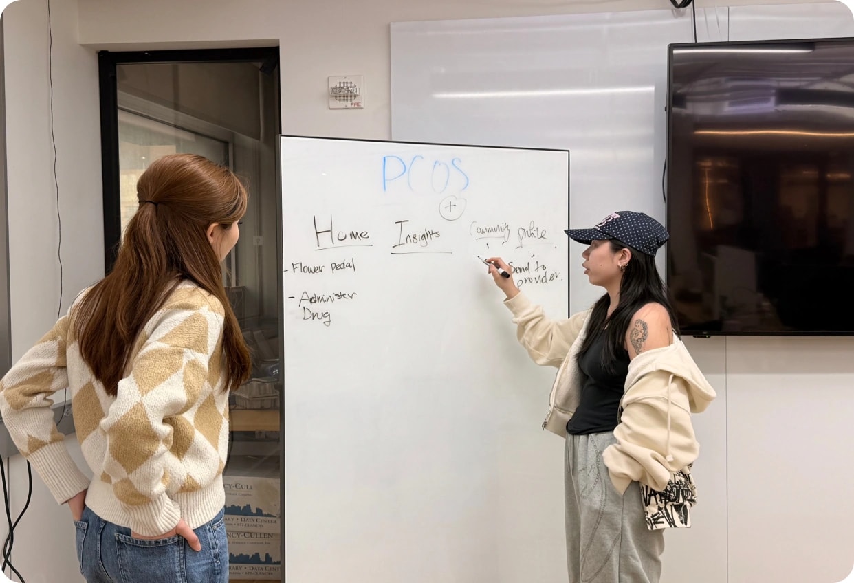 Two teammates sketching the Dandi concept on a whiteboard