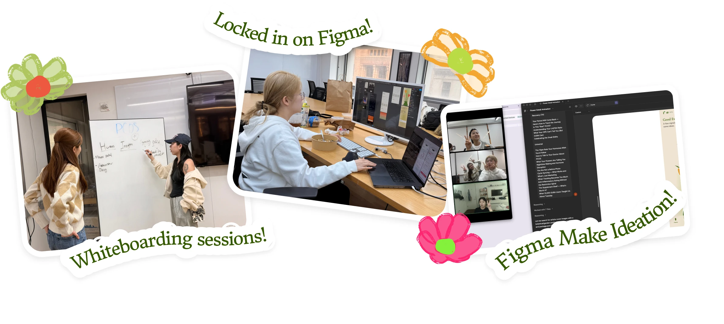 A collage of the team working through the 72-hour hackathon — whiteboarding, pairing at laptops, and a “Locked in on Figma!” sticker