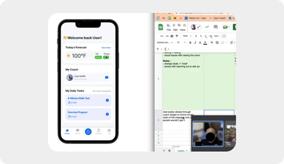 A usability session showing the patient app beside session notes
