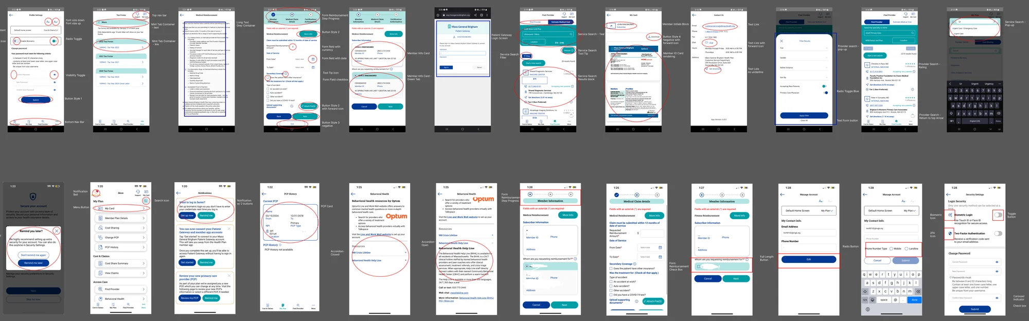 The app audit: two rows of member app screens, each marked up in red with issues.