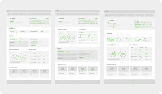 Three homepage concepts with heat-map test results