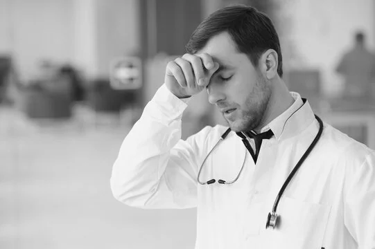 A clinician standing in a corridor, hand to their forehead